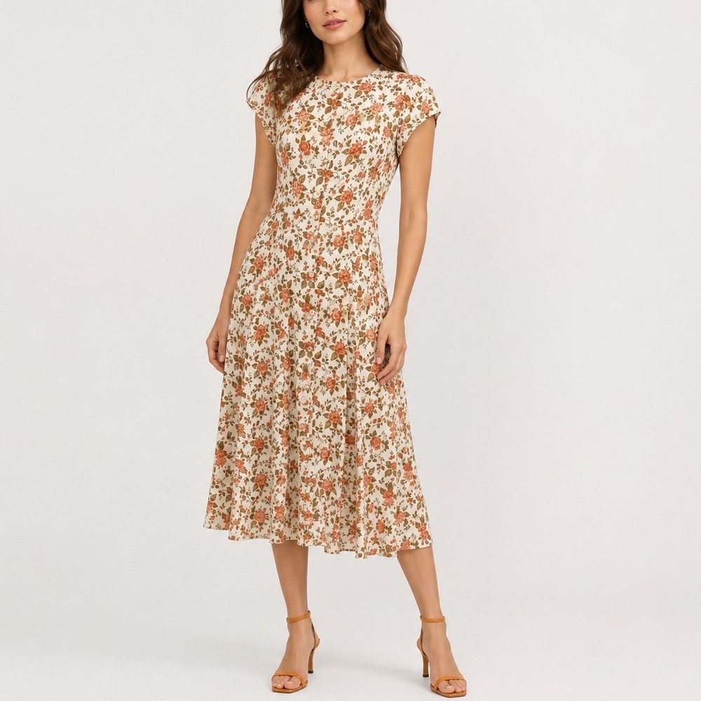 Reformation Fauna Midi Dress 10 Floral Cream Orange Button Front Cottagecore